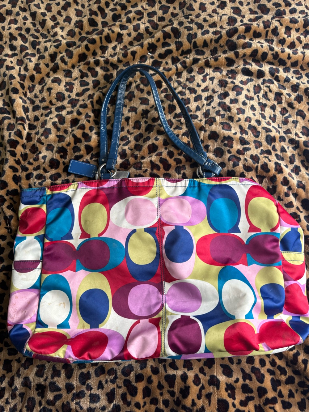 Colorful Coach Multi-Color Tote Bag with Blue Trim